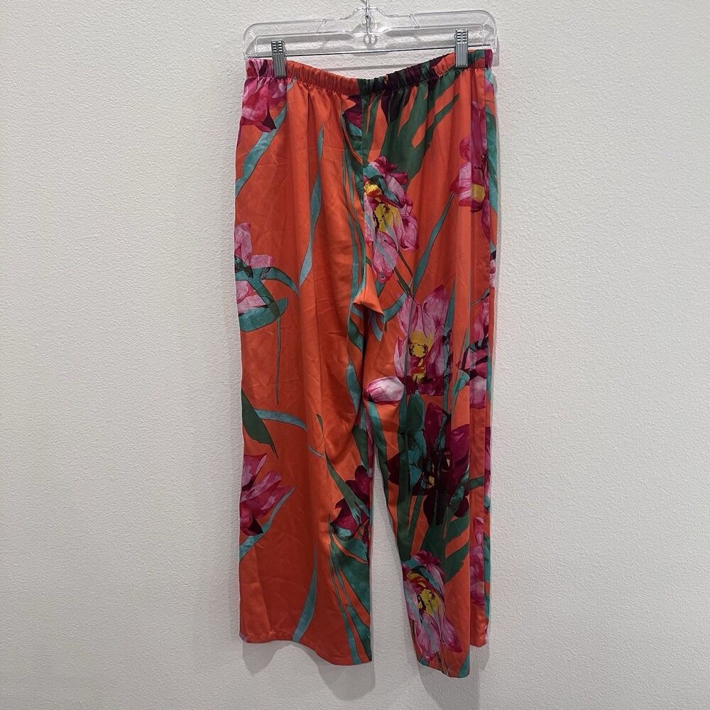 Natori Silky Satin Pajama Pants Medium Pull On Tropical Floral Loungewear Soft - Picture 2 of 7